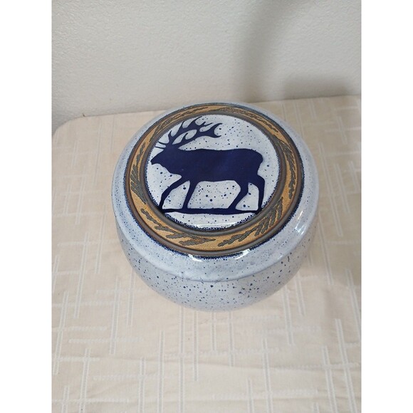 Asian Splatter Pottery Blue White Elk LidPot Jar Crock 7" Primitive Rustic Decor - Picture 1 of 7